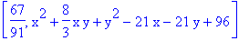 [67/91, x^2+8/3*x*y+y^2-21*x-21*y+96]